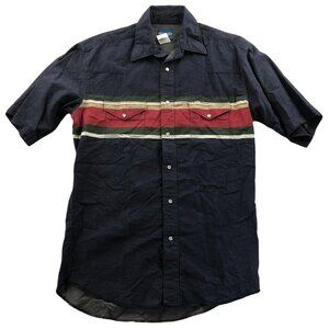 Wrangler Mens Western Shirt Medium Short Sleeve Navy Casual Striped Button Up